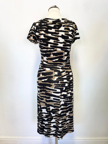 UNBRANDED BLACK, WHITE & TAN PRINT V NECK SHORT SLEEVED DRESS SIZE 8