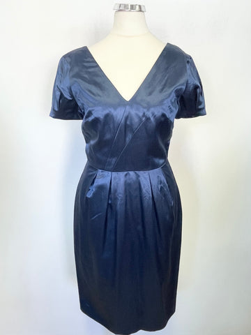 BRAND NEW WHISTLES BLUE SATIN V NECK SHORT SLEEVED SHEATH DRESS SIZE 8