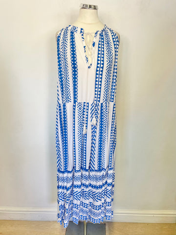 BRAND NEW BY NEW COLLECTION BLUE & WHITE PRINT TIE NECK SLEEVELESS MIDI DRESS ONE SIZE