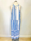 BRAND NEW BY NEW COLLECTION BLUE & WHITE PRINT TIE NECK SLEEVELESS MIDI DRESS ONE SIZE