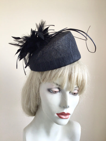 MARKS & SPENCER AUTOGRAPH BLACK FEATHER & STICK TRIM PILLAR BOX HAT