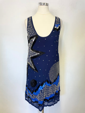 FRENCH CONNECTION NAVY BEADED & SEQUINNED SLEEVELESS SHIFT DRESS SIZE 6