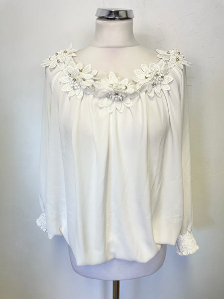 JOSEPH RIBKOFF WHITE LACE & DIAMANTE FLOWER TRIM LONG SLEEVED BLOUSON TOP SIZE 16