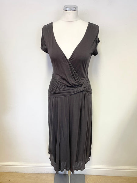 JIGSAW DARK GREY V NECK CAP SLEEVED STRETCH JERSEY DRESS SIZE M