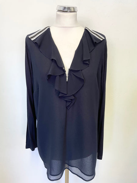 MINT VELVET NAVY BLUE FRILLED & ZIPPED FRONT LONG SLEEVED BLOUSE  SIZE 14