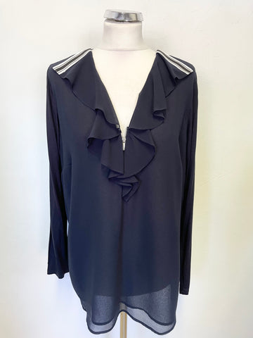 MINT VELVET NAVY BLUE FRILLED & ZIPPED FRONT LONG SLEEVED BLOUSE  SIZE 14