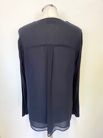 MINT VELVET NAVY BLUE FRILLED & ZIPPED FRONT LONG SLEEVED BLOUSE  SIZE 14