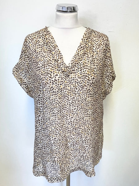 MARCCAIN 100% SILK BROWN, CREAM & MUSTARD PRINT SHORT SLEEVE TOP SIZE 5 UK 16