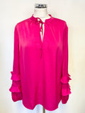 BRAND NEW SOUSANDER HOT PINK SATIN RUFFLE SLEEVE TIE NECK TOP SIZE 14