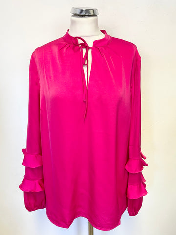 BRAND NEW SOSANDAR HOT PINK SATIN RUFFLE SLEEVE TIE NECK TOP SIZE 14