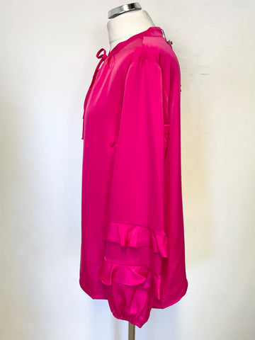 BRAND NEW SOSANDAR HOT PINK SATIN RUFFLE SLEEVE TIE NECK TOP SIZE 14