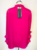 BRAND NEW SOUSANDER HOT PINK SATIN RUFFLE SLEEVE TIE NECK TOP SIZE 14