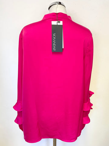 BRAND NEW SOSANDAR HOT PINK SATIN RUFFLE SLEEVE TIE NECK TOP SIZE 14