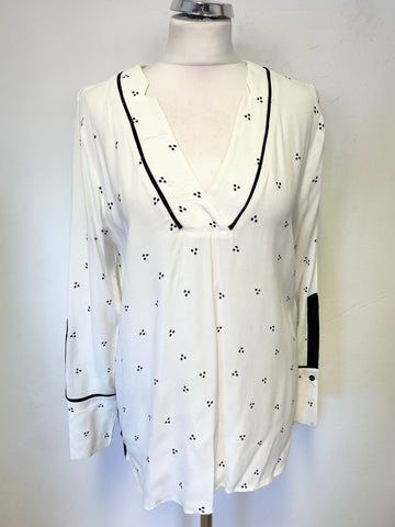 MINT VELVET WHITE & BLACK PRINT V NECK LONG SLEEVED TUNIC TOP SIZE 14