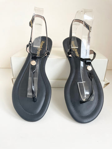 RUSSELL & BROMLEY BLACK PATENT THONG FLAT SANDALS SIZE 7/40