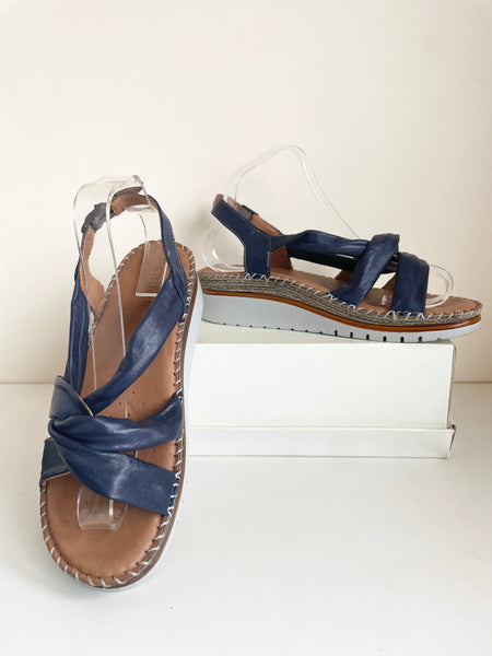 BRAND NEW SHOON NAVY BLUE LEATHER WEDGE HEEL SANDALS SIZE 7/40