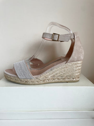 GAINNO BEIGE SUEDE & SHIMMER STRAP ESPADRILLE WEDGE HEEL SANDALS SIZE 7/40