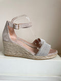 GAINNO BEIGE SUEDE & SHIMMER STRAP ESPADRILLE WEDGE HEEL SANDALS SIZE 7/40