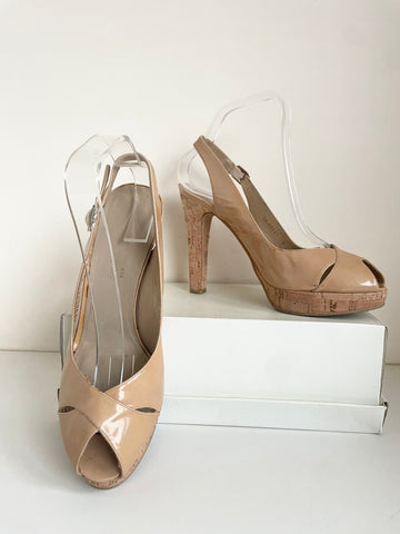 STUART WEITZMAN FOR RUSSELL & BROMLEY CAMEL PATENT LEATHER PEEPTOE SLINGBACK HEEL SANDALS SIZE 7/40