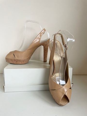 STUART WEITZMAN FOR RUSSELL & BROMLEY CAMEL PATENT LEATHER PEEPTOE SLINGBACK HEEL SANDALS SIZE 7/40