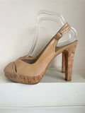 STUART WEITZMAN FOR RUSSELL & BROMLEY CAMEL PATENT LEATHER PEEPTOE SLINGBACK HEEL SANDALS SIZE 7/40