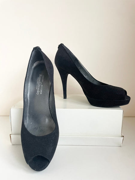 STUART WEITZMAN FOR RUSSELL & BROMLEY BLACK MOLESKIN LEATHER PEEPTOE SHIMMER HEELS SIZE 7/40