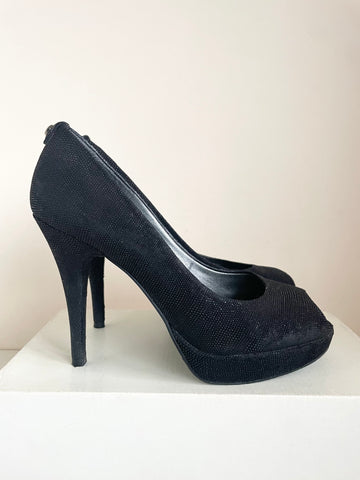 STUART WEITZMAN FOR RUSSELL & BROMLEY BLACK MOLESKIN LEATHER PEEPTOE SHIMMER HEELS SIZE 7/40