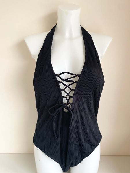 BRAND NEW CUPSHE BLACK LACE UP V FRONT HALTER NECK SWIMSUIT SIZE XXL