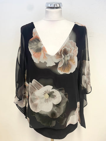 WALLIS BLACK FLORAL PRINT COLD SHOULDER SHORT SLEEVE FLOATY TOP SIZE M