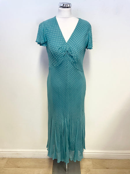 COUNTRY CASUALS TURQUOISE BIAS CUT SHORT SLEEVED MIDI DRESS SIZE 14