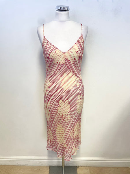 PEARCE FIONDA CREAM,RED & PINK PRINT BEAD TRIMMED BIAS CUT FINE STRAP DRESS SIZE 10