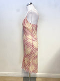 PEARCE FIONDA CREAM,RED & PINK PRINT BEAD TRIMMED BIAS CUT FINE STRAP DRESS SIZE 10