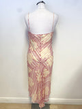 PEARCE FIONDA CREAM,RED & PINK PRINT BEAD TRIMMED BIAS CUT FINE STRAP DRESS SIZE 10