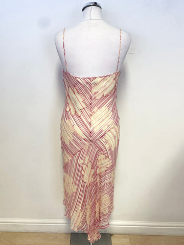 PEARCE FIONDA CREAM,RED & PINK PRINT BEAD TRIMMED BIAS CUT FINE STRAP DRESS SIZE 10