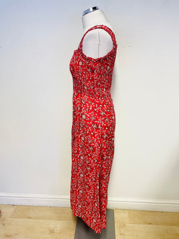 BRORA RED FLORAL PRINT COTTON & SILK SLEEVELESS MIDI LENGTH SUN DRESS SIZE 10