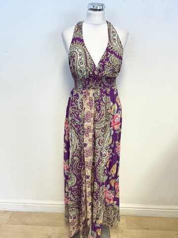 UNBRANDED PURPLE PRINT HALTER TIE NECK MAXI DRESS SIZE S