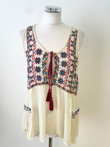 MOUTAKI CREAM & MULTI COLOUR EMBROIDERED SCOOP NECK SLEEVELESS TOP ONE SIZE