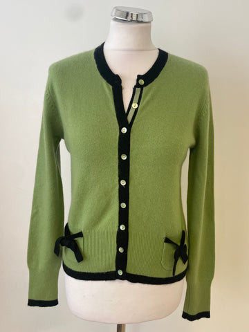 WHISTLES GREEN & BLACK TRIMMED CASHMERE LONG SLEEVED CARDIGAN SIZE 3 UK M