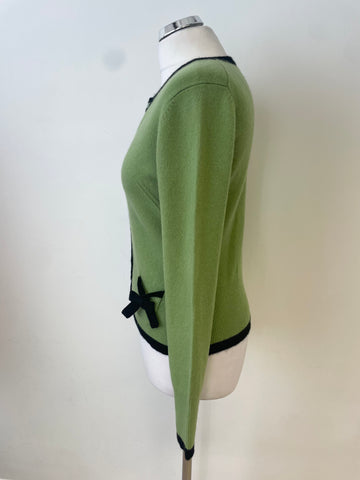 WHISTLES GREEN & BLACK TRIMMED CASHMERE LONG SLEEVED CARDIGAN SIZE 3 UK M