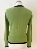 WHISTLES GREEN & BLACK TRIMMED CASHMERE LONG SLEEVED CARDIGAN SIZE 3 UK M