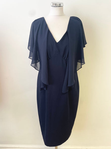 GINA BACCONI NAVY BLUE V NECK CAPE SLEEVE PENCIL DRESS  SIZE 14