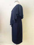 GINA BACCONI NAVY BLUE V NECK CAPE SLEEVE PENCIL DRESS  SIZE 14