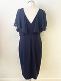 GINA BACCONI NAVY BLUE V NECK CAPE SLEEVE PENCIL DRESS  SIZE 14