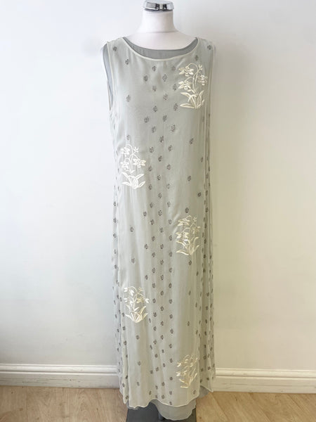 BRAND NEW NITYA GREY & CREAM EMBROIDERED OVERLAY SLEEVELESS MAXI DRESS  SIZE 42 UK 14