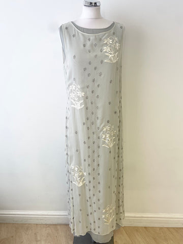 BRAND NEW NITYA GREY & CREAM EMBROIDERED OVERLAY SLEEVELESS MAXI DRESS  SIZE 42 UK 14