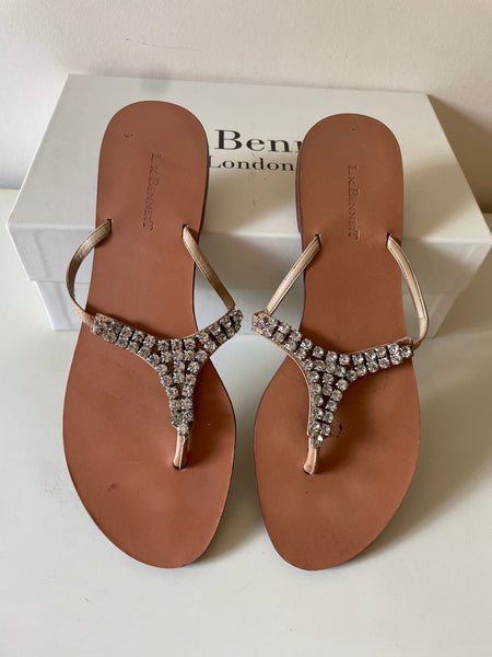 LK BENNETT TAN LEATHER DIAMANTE TOE POST FLIP FLOPS SIZE 7/40