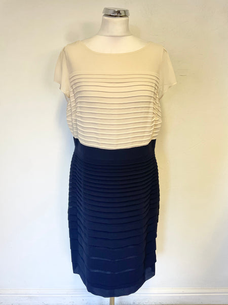 AUTOGRAPH NAVY & IVORY TOP PLEATED CAP SLEEVED PENCIL DRESS  SIZE 16