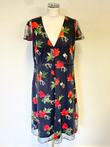 MONSOON BLACK RED FLORAL EMBROIDERED V NECK CAP SLEEVE A-LINE DRESS SIZE 16