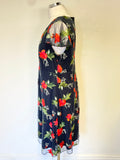 MONSOON BLACK RED FLORAL EMBROIDERED V NECK CAP SLEEVE A-LINE DRESS SIZE 16