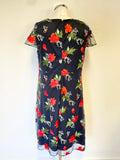 MONSOON BLACK RED FLORAL EMBROIDERED V NECK CAP SLEEVE A-LINE DRESS SIZE 16